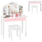 Coiffeuse Enfant avec Tabouret et Miroir à 3 Volets Amovible, Coiffeuse Fille 2-en-1 Moderne Idéale pour Filles 3-7 Ans (Modèle 1, Blanc) - Relax4life