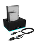 ICY BOX Station d'accueil USB 3.0 à Double Baie pour disques durs 2,5" et 3,5" SATA HDD/SSD, RVB, Fonction de clonage Hors Ligne, USB-C et USB-A, UASP, IB-127CL-U3