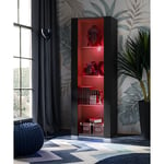 Vitrine Armoire Tivoli, Noir/Noir, Largeur 55cm x Hauteur 159cm x Profondeur 35cm, led rgb, 3 étagères, pour Salon, Chambre, Entrée - Komodee