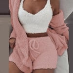 Dam 3st fleece fluffig päls + shorts + kort väst set pink L