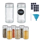 Relaxdays Set de Pots à épices, Lot de 8, saupoudrage, Verre, 120 ML, étiquettes, Stylo & Entonnoir, Transparent/argenté