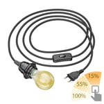 3m de câble textile LEKA noir, fiche, interrupteur + ampoule LED or max. 778lm,