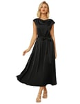 GRACE KARIN Robe midi élégante à col bénitier avec ceinture pour femme - Robe mi-longue pour une occasion spéciale, noir satiné, L