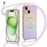 Kokio Coque avec Cordon pour iPhone 15 Plus, Magnétique Etui Housse avec Motif Coeur d'amour, Compatible avec MagSafe, Réglable Lanyard Collier Housse pour iPhone 15Plus 6.7", Bandoulière(Violet)