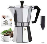 Italian Espresso STOVE TOP Coffee Maker & Electric MILK FROTHER -Continental Percolator Pot Jug, Camping, Caravan, Brewing Rich Coffee (3 CUP Espresso & Frother)