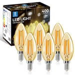 Aigostar E14 LED Light Bulb, LED Candle Bulbs Small Screw, 4W 400lm SES E14 Candle Bulb, 35W Equivalent SES E14 Bulb Vintage, Warm White 2200K C35 LED Bulbs, 330°Beam Angle, Amber Filamen Pack of 6