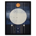 Wee Blue Coo Abstract Solar Eclipse Oil Painting Blue Orange Geometric Planetary Orbits Night Sky Artwork Framed Wall Art Print 18X24 Inch