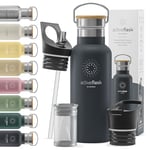 Gourde Inox Isotherme ACTIVE FLASK 1l/500ml sans BPA + Paille (3 Bouchons) | Bouteille d’eau Acier Inoxydable Isolée, Thermos Réutilisable | Camping Velo Sport Running Randonnée Enfant, Café The