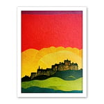 Wee Blue Coo Modern Edinburgh Castle Vibrant Rainbow Colour Sunset Scottish Cityscape Coral Yellow Green Blue Artwork Framed Wall Art Print 18X24 Inch