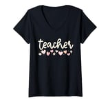 Womens School Teacher Valentines Day Daisy Flowers Little Hearts V-Neck T-Shirt