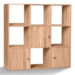 Meuble de rangement cube RUDY 9 cases bois façon hêtre avec 3 portes