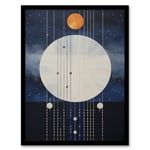 Abstract Solar Eclipse Oil Painting Blue Orange Geometric Planetary Orbits Night Sky Art Print Framed Poster Wall Decor