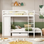 Lit superposé, lit en bois avec armoire, avec tiroir, lit enfant avec protection antichute et grille, structure en pin, blanc (90x200cm) OKWISH