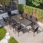 Table de jardin extensible aluminium 135/270cm + 10 fauteuils empilables textilène Gris Anthracite - lazare 10 - Anthracite