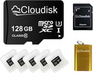 Lot De 5 Cartes Mémoire Micro Sd 128 Go Micro Sdxc C10 A2 U3 Avec Adaptateur Sd Et Lecteur De Carte