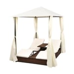 Bain de Soleil de Jardin DOUBLE chaise Réglable en Résine Tressée avec rideaux Marron + Blanc -ALA ~ 64