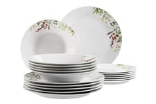 Mäser Herbal Garden Service de table pour 4 personnes avec décor floral détaillé, 18 pièces avec assiettes plates, assiettes creuses et assiettes à dessert, porcelaine, blanc