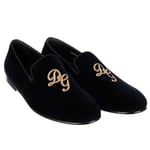 DOLCE & GABBANA Velvet Loafer Shoes AMALFI Embroidery Logo Navy Blue Gold 11050