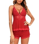 RSLOVE Ensemble Pyjama Sexy pour Femmes Camisole en Dentelle et Short V-Neck - Vêtements de Nuit en Modal Nightwear Vin Rouge M