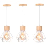 Wottes - 3× Lampes Suspension Industrielle Lustre Suspension E27 Vintage en Métal Cage et Bois Blanc