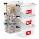 Cetomo Boîte de rangement 15 L x 6 pouces avec fermeture à clic et couvercle, organiseur transparent empilable, Clair