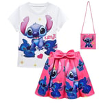 Barn Flickor Lilo & Stitch Tryckt T-shirt + Rosett Plisserad Kjolar + Crossbody Väska Set Fest Cartoon Klänning Outfit Gåvor[HK] Rose Red 9-10 Years