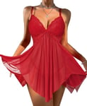 Avidlove Lingerie Sexy Femme Coquine Hot Dentelle Nuisette Femme Lingerie Transparent Babydoll V Neck Sleepwear Strap Chemise Vin Rouge XL