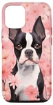 Coque pour iPhone 14 Pro Boston Terrier et fleurs de cerisier roses en rose