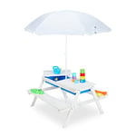 Relaxdays Children's Outdoor Furniture, Garden Picnic Table with Parasol & Benches, Sand & Water Play, 165x128cm, White, Wood, 165x128 cm