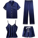 Dam 4-delad pyjamas set i siden satin sovkläder sexig pjs loungewear Navy Blue XL