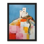 Artery8 House on the Hill Oil Painting Abstract Geometric Patchwork Palette Knife Pastel Colour Rural Landscape Artwork Framed Wall Art Print 18X24 Inch