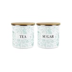 Green Rabbits Tea & Sugar Canister Set - Floral Enamel Kitchen Storage Jar Gift