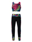 Agoky Enfant Fille Ados Ensemble Sport Fitness Survêtement 2 Pièces Vêtements de Sport Jogging Yoga Gilet Court Pantalon Longue Tenue Sport Gym Sportwear Maillot de Bain Léopard 15-16 Ans