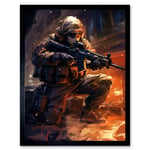 Army Warfare Desert Sniper Explosion Flames Oil Painting Soldier Action Scene Art Print Framed Poster Wall Decor 12x16 inch