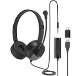 Casque USB avec microphone, prise USB 3,5 mm/USB 2 en 1, casque d'ordinateur avec suppression du bruit et commandes audio pour ordinateur portable, tablette, casque PC pour centre d'appel Skype, chat d'affaires, jeux, enseignement, etc