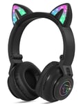 Kids Headphones Wireless Light Up Cat Ear Bluetooth Headphones Over Ear Childrens Foldable Headphones w/Microphone for Amazon Fire Tablet/Laptop/iPad (Black)