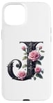 Coque pour iPhone 15 Plus Black Letter J Floral Monogram Initial J Rose Pink Flower