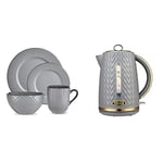 Tower T867002GRY Empire 16 Piece Dinnerware Set, Stoneware, Grey and Brass & T10052GRY Empire 1.7 Litre Kettle with Rapid Boil, Removable Filter, 3000W, Grey with Brass Accents