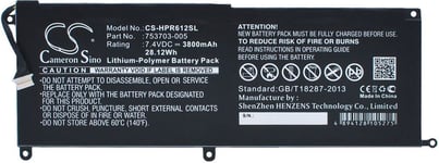 Kompatibelt med Hp Pro Tablet x2 612 G1(P3E13UT), 7.4V, 3800 mAh