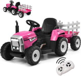 Tracteur Electrique Enfant avec Remorque Batterie 12V Roue Motrice Arriere et Phare LED Musique Ceinture de Securite Rose