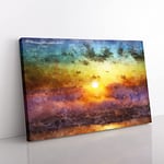 Big Box Art Rainbow Sunset Over The Ocean Painting Canvas Wall Art Print Ready to Hang Picture, 76 x 50 cm (30 x 20 Inch), Maroon, Red, Turquoise, Olive, Green