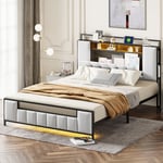 Lit double avec lumière led, prise usb, cadre de lit en fer, lit adulte ado, simili cuir, 160x200cm, blanc (matelas non inclus)