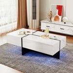 Table basse fixe haute blanche brillance 100 x 50 x 34,5 cm en imitation marbre blanc et table assortie en noir, avec éclairage led