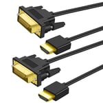 Lot de 2 câbles HDMI vers DVI 4K de 1 m, bidirectionnel, flexible et hyper fin DVI vers HDMI, prend en charge 1080p/4K @ 60 Hz Full HD pour projecteur, ordinateur portable, TV, PC, lecteur DVD