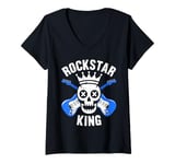 Womens Rockstar King Skull Crown Crossed Guitars V-Neck T-Shirt