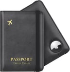 Passport Holder Airtag Wallet, PU Leather Travel Organizer, Black Case for Docum