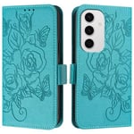 XYZNTMF for Samsung S24 FE Case Shockproof Floral Flip Wallet Case Card Holder PU Leather Shell Soft Silicone Bumper Kickstand RFID Blocking Protective Skin Cover for Samsung Galaxy S24 FE, Blue