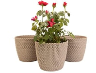 Set of 3 Plant Pots Knitted Large Small Medium Round Decorative Plastic Holder Planters Basket Flower Pot Home Garden Stand Cover Decor (Ø 16 cm (6.30 inch), Taupe)