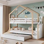 Lit superposé avec lit gigogne pour enfant - lit cabane avec 4 tiroirs d'escalier, sécurité anti-chute, barrière de lit, sommiers à lattes