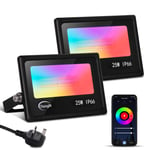 LED Flood Lights Outdoor, 25W RGB Smart WiFi Floodlight APP/Voice Control, Colour Changing RGB 16 Million Colours - Music Sync for Alexa Google Home IP66 UK 3-Plug 2 Pack